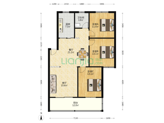 华南园中园 3室2厅1卫 112平方