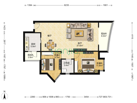 格兰玺城 2室1厅1卫 92平方