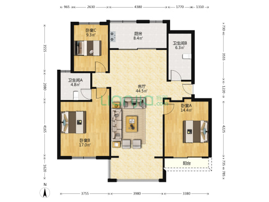 元丰园 3室1厅2卫 121平方
