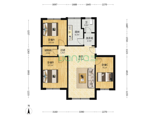 商业一街24号 3室1厅2卫 86平方
