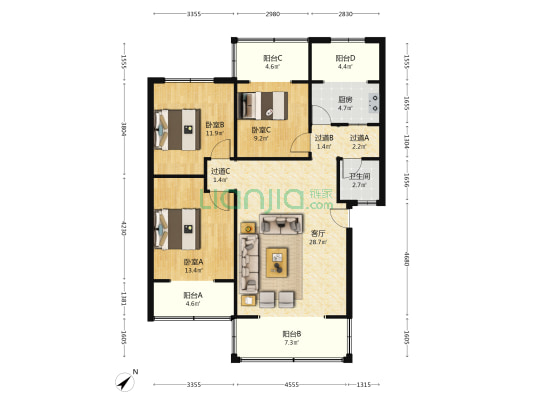华金大道三段85号院 3室1厅1卫 118平方