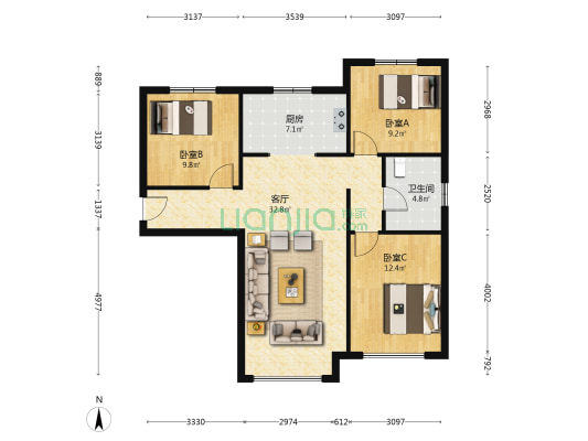 南北通透三居 F户型 毛坯 东边户 明卫 中间层-户型图