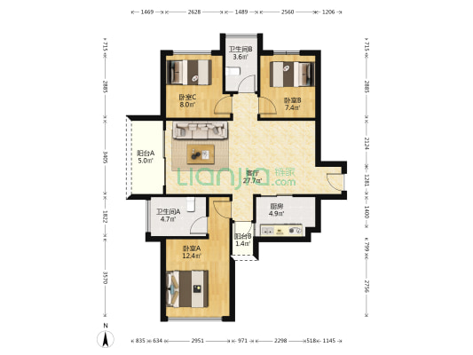 宝能华府 3室1厅2卫 88平方