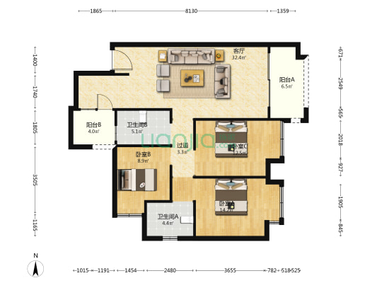 百家堂意品 3室1厅2卫 109平方