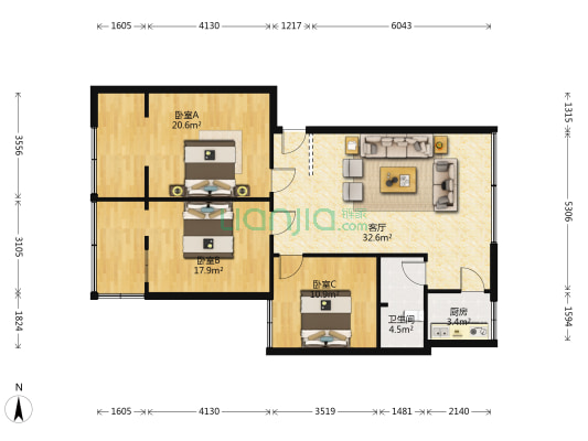 福康港虹苑 3室1厅1卫 102平方