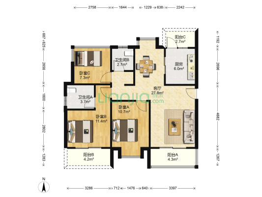弘阳燕江府 3室1厅2卫 109平方