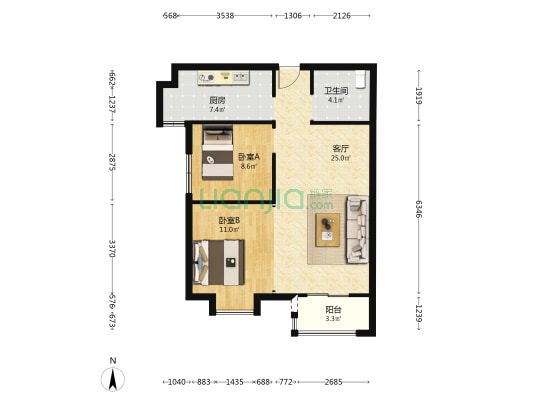 武汉三镇中心 2室1厅1卫 85平方
