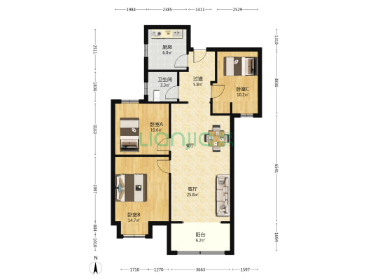 巴黎都市一期 3室1厅1卫 108平方