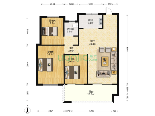 当代城MOMΛ 3室1厅1卫 116平方