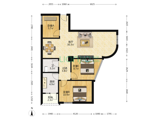 秦吉大厦 3室1厅1卫 100平方