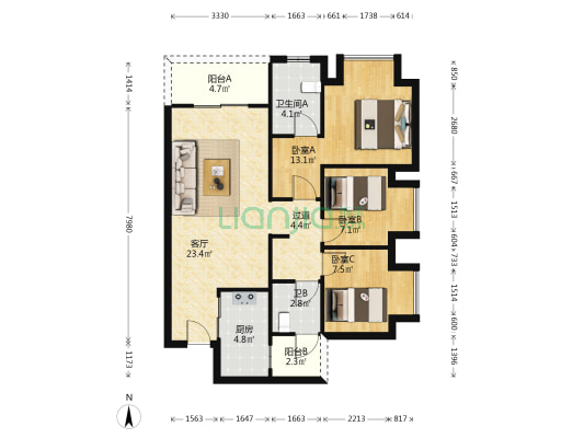星城原麓 3室1厅2卫 87平方