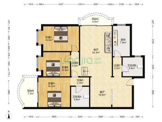 天工智能大厦 3室2厅2卫 141平方