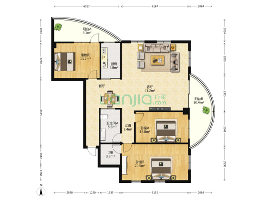 海神公寓 2室1厅2卫 150平方