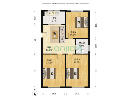 蓝翎公寓 3室1厅1卫 97平方