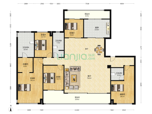招商蛇口滨江境 4室1厅3卫 254平方