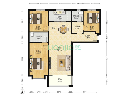 奥园誉府 3室1厅2卫 128平方