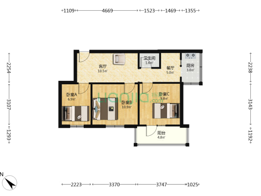 民主院 3室2厅1卫 60平方