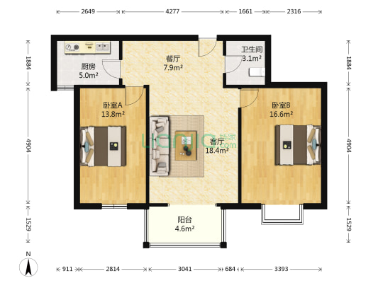 华阳路 甲秀路 交界口  电梯房 朝南两居 采光视野好-户型图
