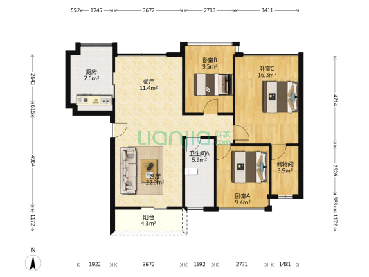 怡安皇庭 3室2厅1卫 102平方