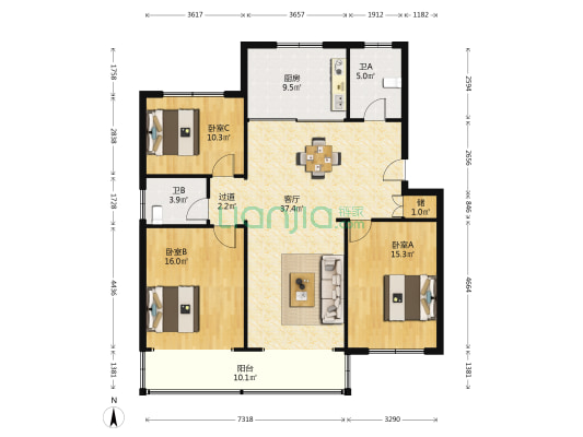 美丽花苑 3室1厅2卫 128平方