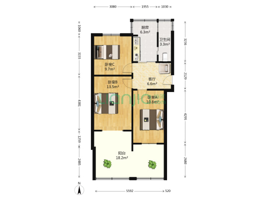 地质职工大学宿舍 3室1厅1卫 65平方