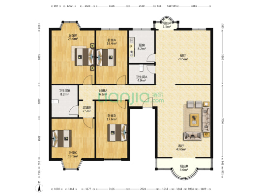 高新枫叶新都市 4室2厅2卫 218平方