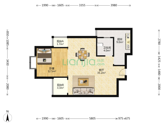 紫金城 1室1厅1卫 76平方