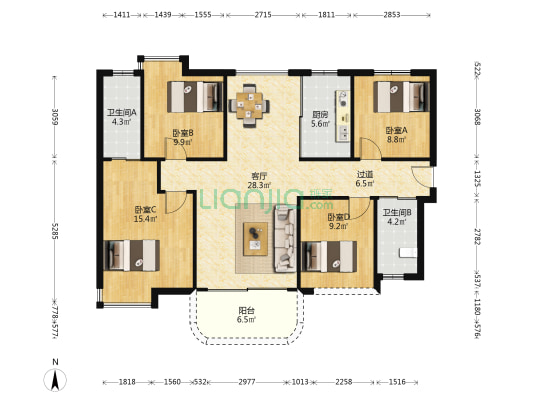 会展三润城 4室1厅2卫 126平方
