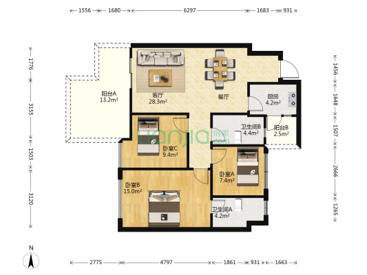 中国滇池花田国际度假区 3室1厅2卫 113平方