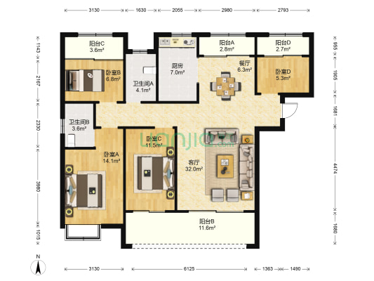 东投长安府 4室2厅2卫 133平方