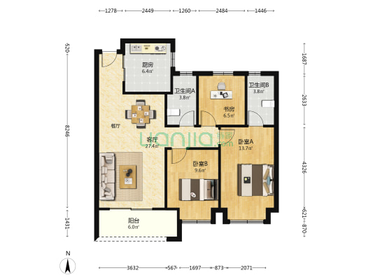 雅戈尔 3室1厅2卫 100平方