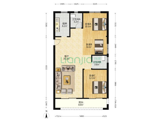 百秀城 3室1厅2卫 123平方