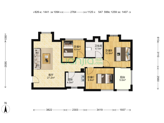 福星华府 3室1厅1卫 89平方