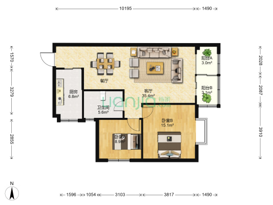 银海国贸花园 2室1厅1卫 93平方