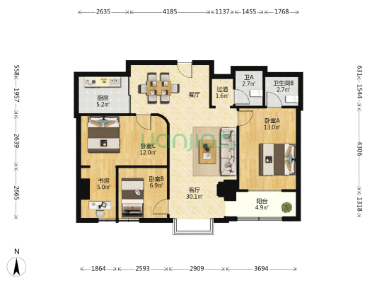 阜康华厦 4室1厅2卫 122平方