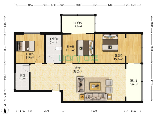 工人村 3室1厅1卫 111平方