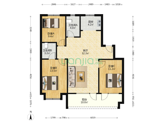 天一仁和宸璟鹭洲 3室1厅2卫 109平方