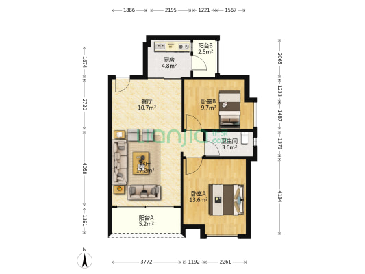 时代南湾北岸 2室2厅1卫 80平方