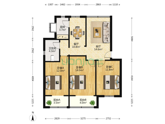 南苑村书院 3室2厅1卫 93平方