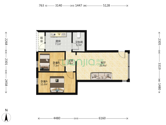 果蕉街 2室1厅1卫 56平方