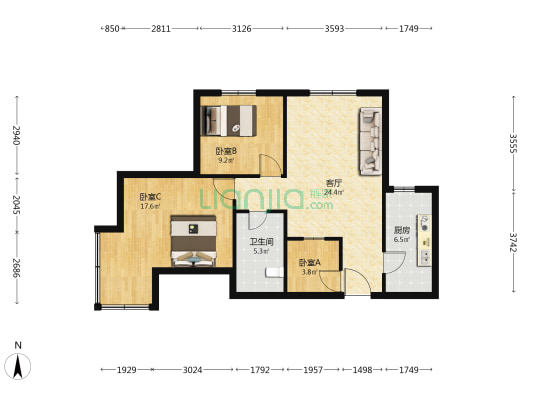 北城枫景西区 3室1厅1卫 94平方