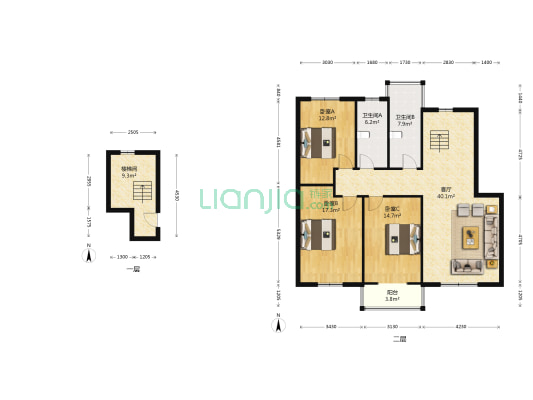腾飞花园 3室1厅2卫 115平方