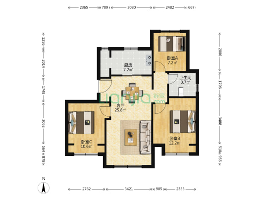 万科翡翠四季C2区 3室1厅1卫 86平方