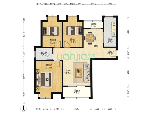 右岸景苑B区 3室1厅1卫 110平方