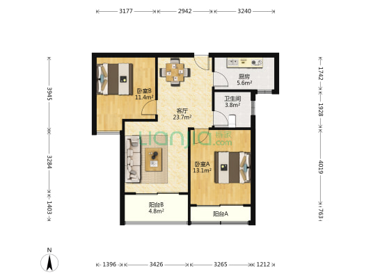 创想魅力城 2室1厅1卫 86平方