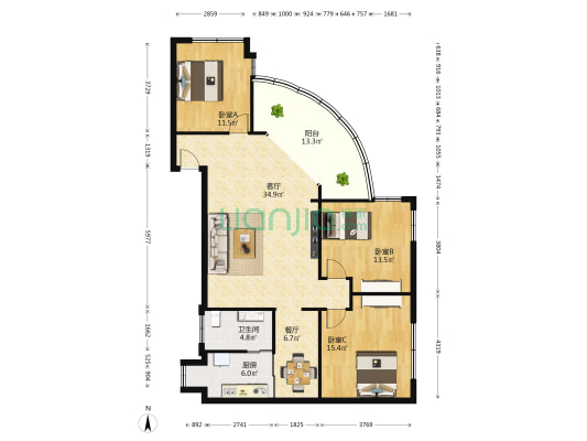 新建邮政宿舍 3室2厅1卫 129平方