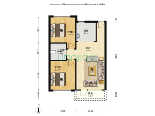 汇智东方悦 2室1厅1卫 90平方