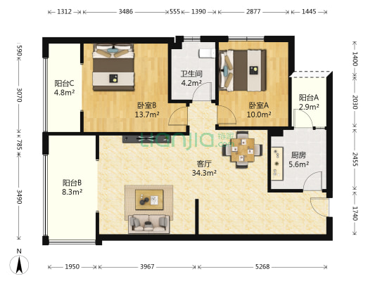 水映城邦 2室1厅1卫 87平方