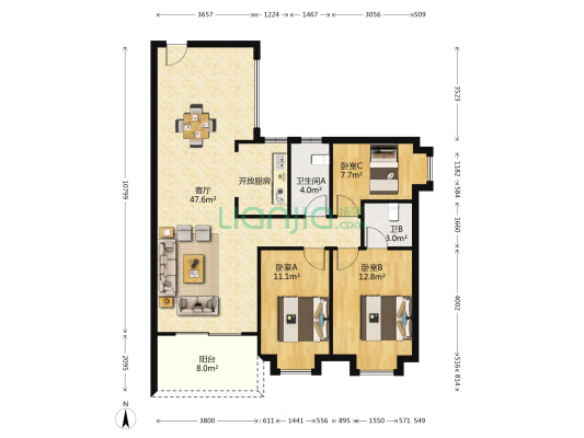 湖景苑 3室1厅2卫 109平方