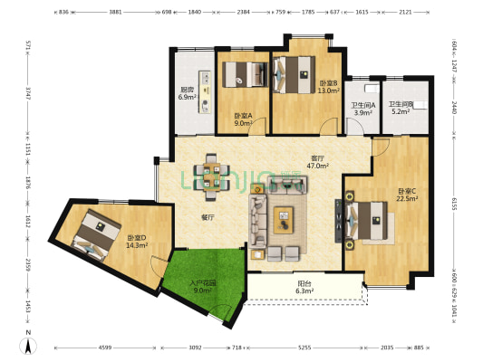 威铭豪苑 4室1厅2卫 162平方